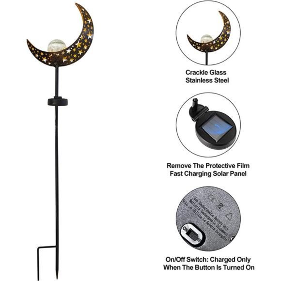 2 Pack Solar Garden Lights,Outdoor Crescent Moon Crackle Glass Globe Stake Light - Picture 4 of 6